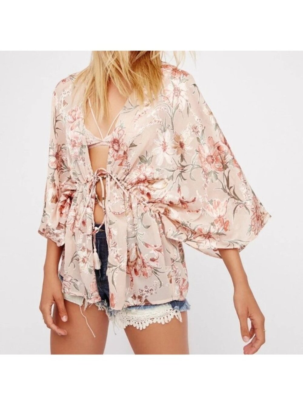 Free People Pink Floral Kimono Only in Dreams One Size Boho